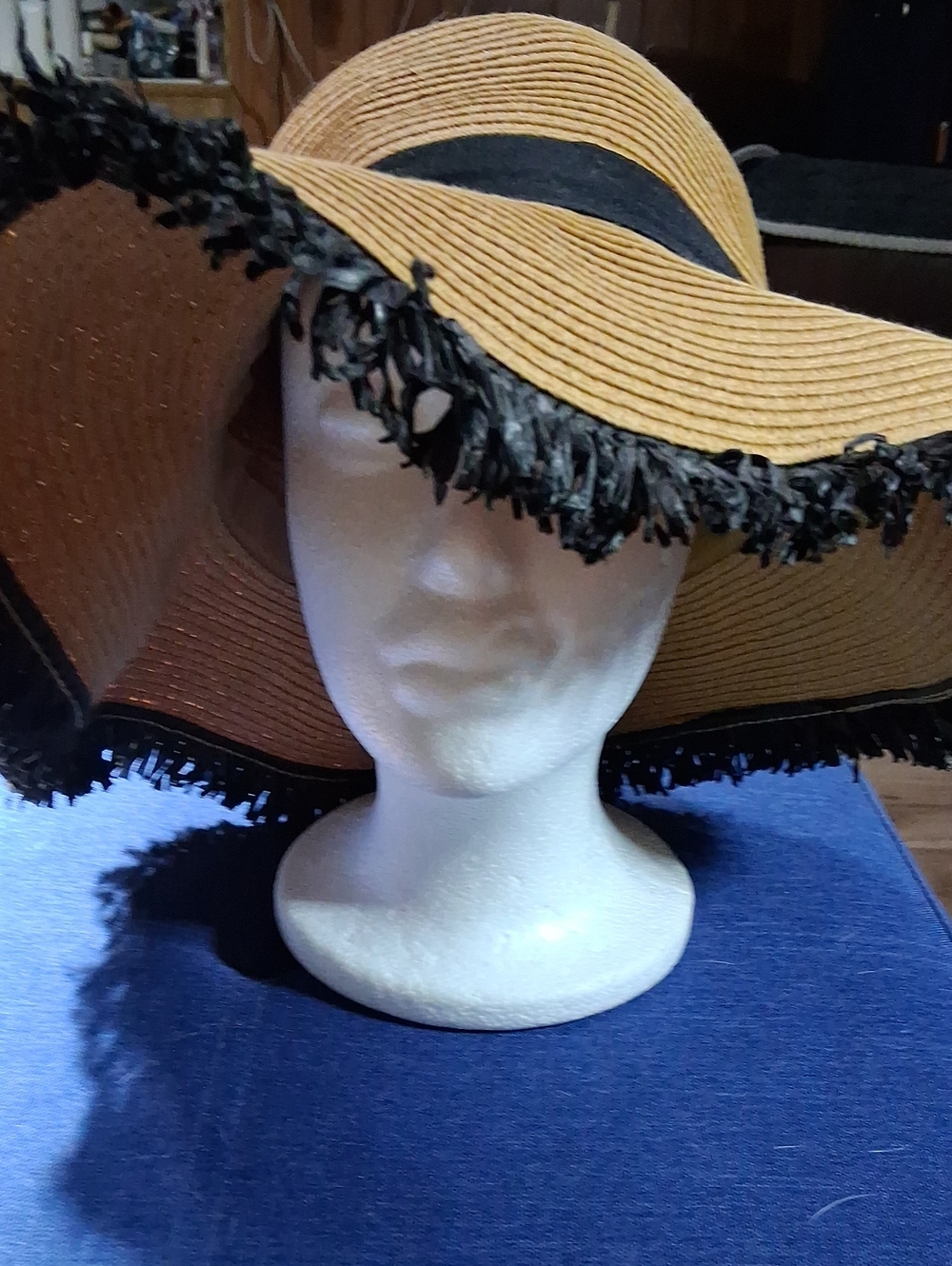 Wide Brim Straw Sun Hat with Fringe Trim - Tan and Black - Picture 1 of 4